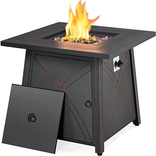 Yaheetech 28 inch Outdoor Gas Fire Pit Table 50,000 BTU Propane Fire Pit with Lid and Lava Rocks, Multifunctional 2 in 1 Gas Firepit for Patio/Backyard/Deck/Party, CSA Certification, Copper