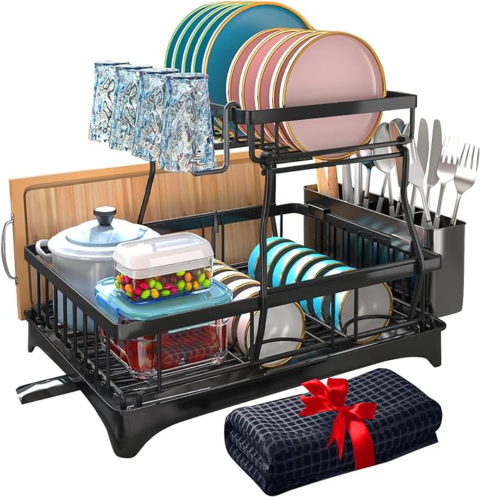 Godboat Dish Drying Rack with Drainboard, 2-Tier Dish Racks for Kitchen Counter, Dish Drainer Set with Utensils Holder, Large Capacity Dish Strainers with Drying Mat, Cool Kitchen Gadgets (Black)