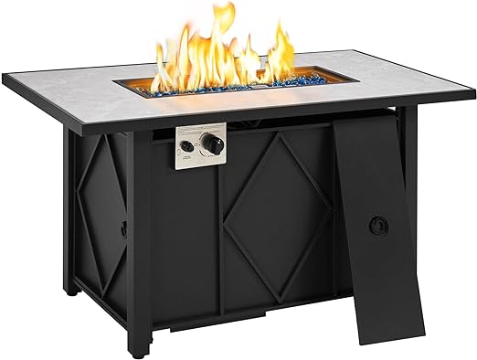 The Yaheetech 43 inch Outdoor Propane Gas Fire Pit Table is a really good deal at $200. It' easy to assemble (2 person carry... it is a little heavy), and looks very nice. If you put it together correctly, and adjust the legs, it' quite stable. We also purchased the Yaheetech Glass Wind Guard for Rectangular Fire Pit Table, 23.5 * 7.5 * 6.5 inch to go with it, and it looks very nice as well. Altogether, we are very pleased with the ensemble. I wouldn't expect it to actually provide heat, but i