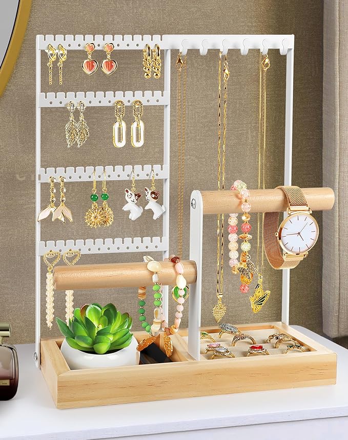 Godboat Jewelry Holder Organizer - Valentines Day Decor, 4-Tier Earring Organizer with 48 Holes, 6 Hooks Necklace Holder, Wood Box for Bracelet and Ring, Cool Valentines Day Gifts & Room Decor (White)