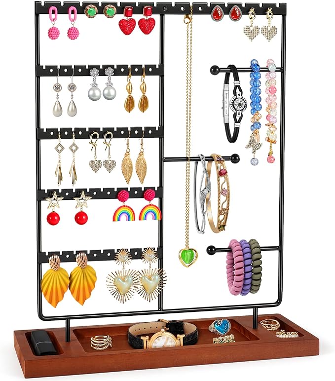 Godboat Earring Organizer, 3-Row Bracelet Holder and Necklace Organizer, Jewelry Organizer with 44 Holes, Wooden Base for Display Ring, Watch, Lipstick, Nail Polish, Gifts for Girls & Women (Brown)