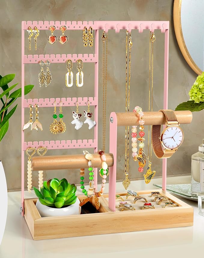 Godboat Valentines Day Decor - Valentines Day Gifts, Jewelry Holder Organizer, 4-Tier Earring Organizer with 48 Holes, 6 Hooks Necklace Holder, Bracelet Holder and Ring Holder with Jewelry Box, Pink