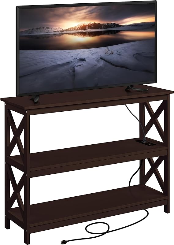 Yaheetech TV Stand with Power Outlet, Entertainment Center for TV up to 45 inch, 3-Tier Media Console Table with Open Storage Shelves for Bedroom/Living Room/Hallway Espresso