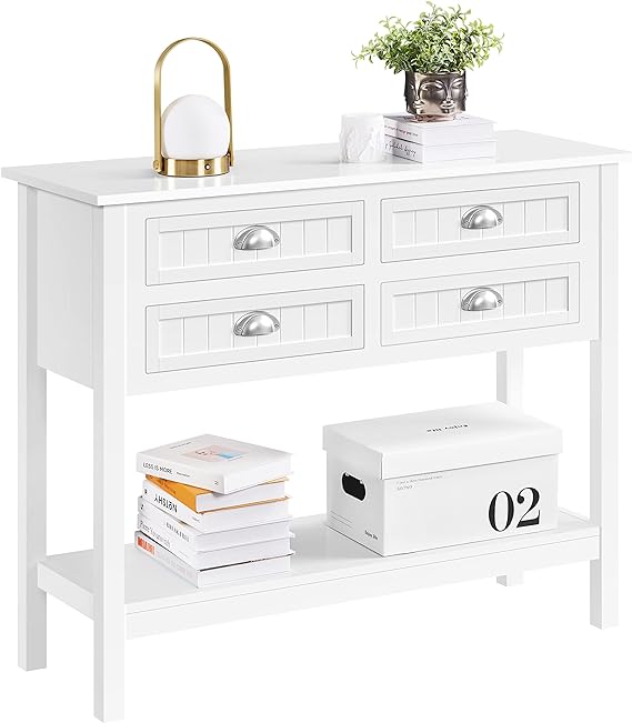 Yaheetech Console Table with 4 Drawers, Wood Entryway Table with 2 Tier Storage Shelves, Narrow Long Sofa Table for Entry Way, Hallway, Couch, Living Room, Kitchen, White