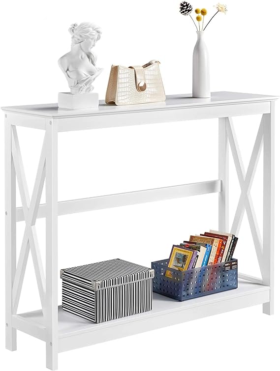 Yaheetech 2 Tier X-Design Console Table Sofa Side Accent Tables w/Storage Shelf for Living Room Entryway, White