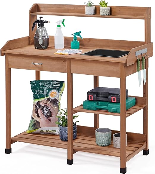 Yaheetech Potting Bench Outdoor Garden Work Bench Station Planting Solid Wood Construction for Horticulture w/Sink Drawer Rack Shelves Brown