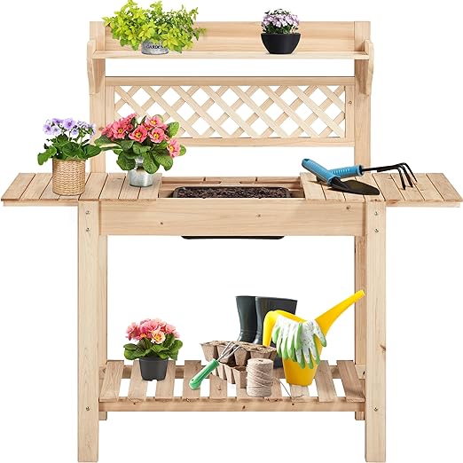 Yaheetech 39'' Garden Potting Bench Table with Hidden Storage, Horticulture Workstation Table with Sliding Tabletop/Removable Sink/Open Storage Shelf, Natural Wood