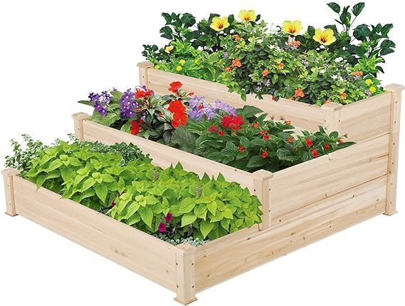 Yaheetech 3 Tier 47 x 47 x 22in Raised Garden Bed Horticulture Outdoor Elevated Flower Box Tiered Garden Bed Wooden Vegetables Growing Planter for Backyard/Patio/Gardener