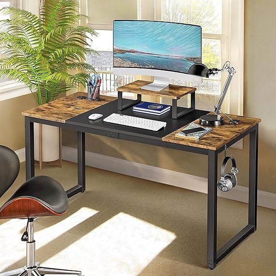 Yaheetech 55 Large Computer Desk with Movable Monitor Stand & Strong Legs, Modern Desk with Splice Board, Simple Writing Desk for Work/Study/Home/Gaming/Office, Rustic Brown & Black