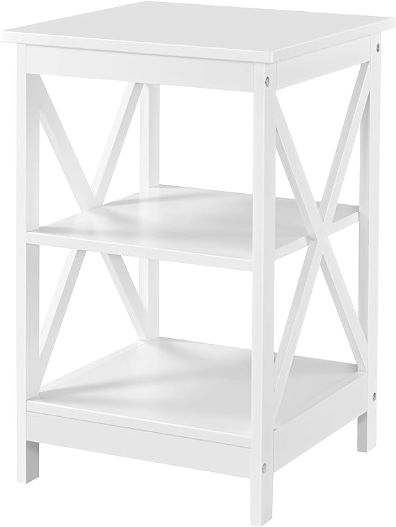 Yaheetech 3 Tier Sofa Side End Table with Shelf, X Shaped Sturdy Large Chair Side Snack Table for Living Room, Display Unit Organizer, White, 15.7 x 15.7 x 24’’ (L x W x H)