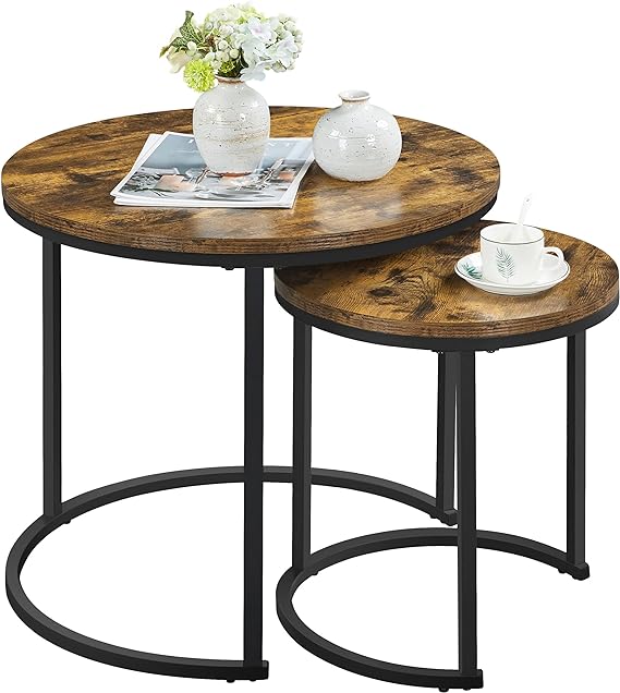 Yaheetech Nesting Coffee Table Retro Nesting Table for Living Room, Round Coffee Table Nesting End Table Set of 2 Stacking Side Tables w/Wooden Tabletop and Sturdy Metal Frame, Rustic Brown