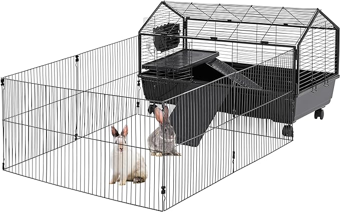 Yaheetech 39'' L Rabbit Cage Rolling Small Animal Cage with Foldable Playpen/Ramps/Water Bottle/Hay Feeder/Bowl for Guinea Pigs, Chinchillas, Hedgehogs, Pet Cage for Rabbit Indoor, Black