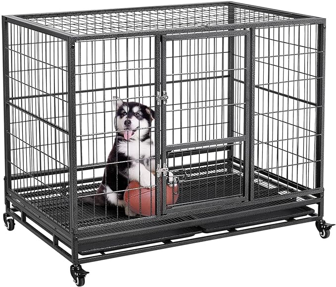 Yaheetech Dog Crate 43-inch Heavy Duty Metal Dog Cage Collapsible Open Top Pet Kennel w/Double Doors & Prevent Escape Locks/Lockable Wheels/Double Tray Indoor Outdoor, Black