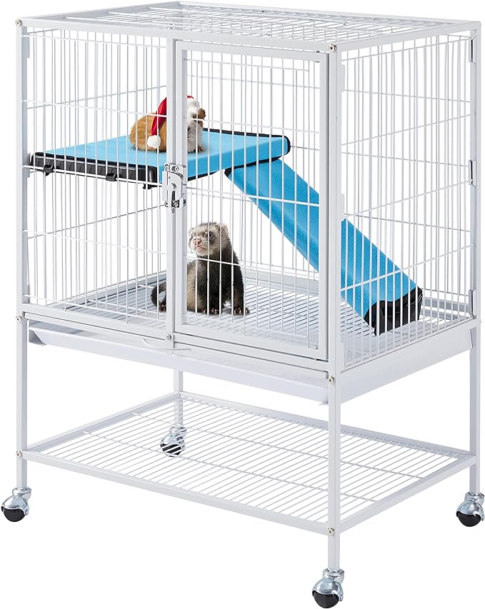 Yaheetech Small Animal Cage, Metal Pet Cage with Removable Tray/Ladder/Wheels, Ferret Cage, Chinchilla Cage, Sugar Glider Cage, White