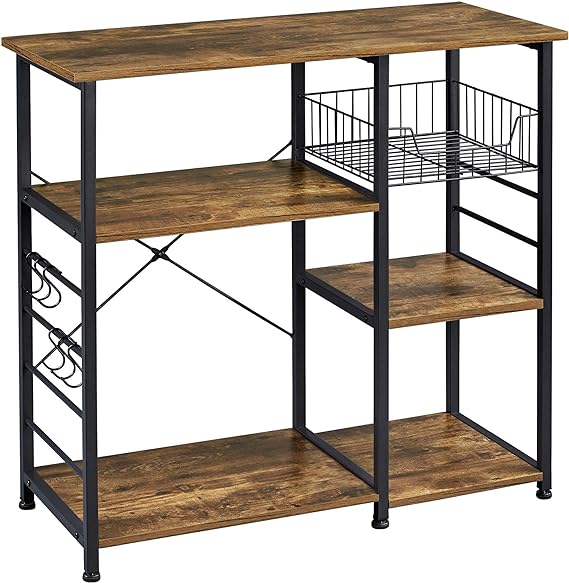 Yaheetech 4-Tier Kitchen Baker's Rack, Coffee Bar Microwave Stand Cart with Wire Basket & 6 Side Hooks, Kitchen Organizer Shelf for Spices/Utensils Foods, Rustic Brown