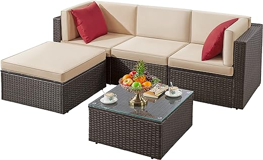 Yaheetech 5 Pieces Outdoor Patio Furniture Sets, Wicker Sectional Sofa Set w/Cushions & Coffee Table, Rattan Outdoor Conversation Set for Porch, Garden, Backyard