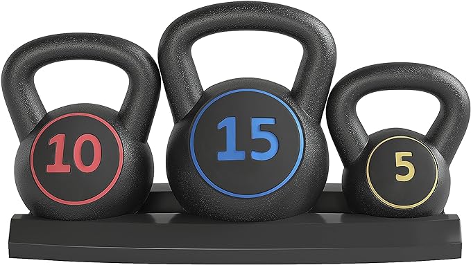 Yaheetech 3-Piece HDPE Kettlebell Exercise Fitness Weight Set w/Storage Rack, Kettlebell Set for Home Gym Exercise, Strength Training, HIIT Workout, Include 5lb, 10lb, 15lb