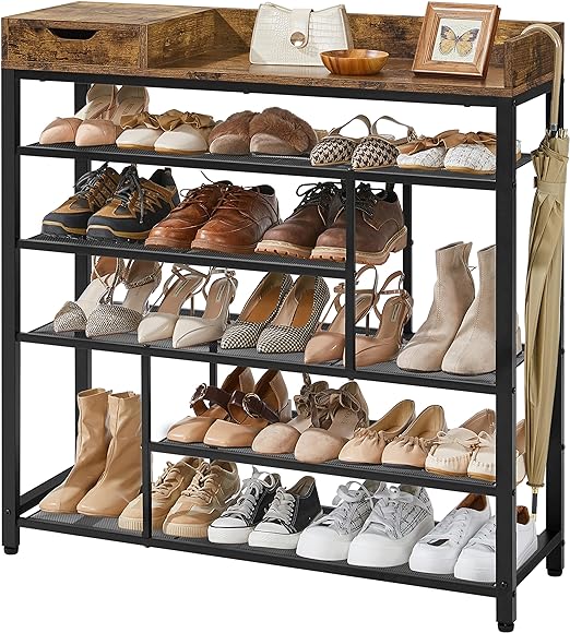 I needed a shoe rack to corral the numerous shoes of the household. I researched and needed it to meet some issues I was having. I needed a multiple size opening for tall boots, needed height to set down coffee cup while putting shoes on/off and also to set items down to turn house alarm off. I needed it to be stylish and sturdy too. This met all those. Very happy with the purchase. My husband made it even sturdier by using some wood glue in the seams when putting it together. It came wrapped ni