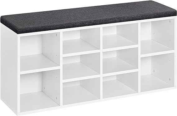 Yaheetech Shoe Bench, Shoe Storage Cabinet with Adjustable Shelves, Storage Bench with Padded Cushion, Shoe Shelf Organizer for Entryway, Living Room, Mudroom, Hallway, 10 Cubbies, White/Gray