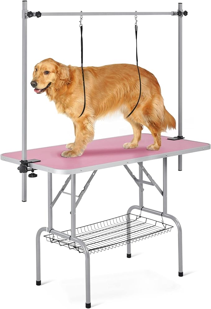 Yaheetech 46'' Pet Grooming Table for Large Dogs Adjustable Height - Portable Trimming Table Drying Table w/Arm/Noose/Mesh Tray Maximum Capacity Up to 265Lb -Pink