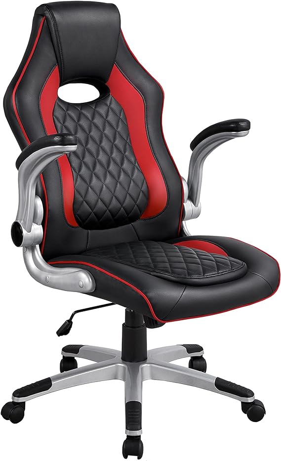 Yaheetech High Back Video Game Chairs Computer Gaming Chairs Ergonomic Adjustable Racing Style Chairs Leather Desk Task Chairs with Lumber Support，Flip-Up Armrest Red