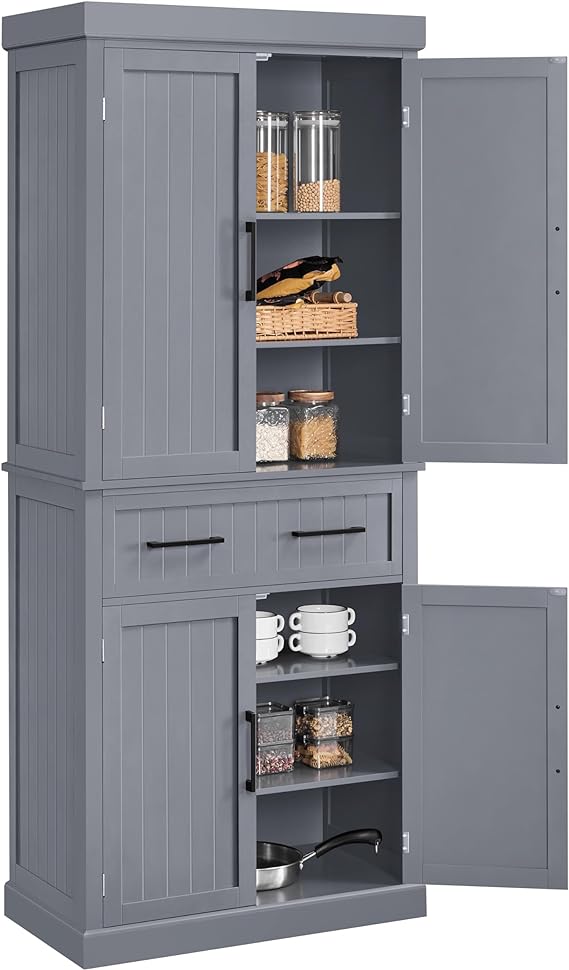 I bought this to use as a kitchen pantry. The doors feel a little flimsy but if they're treated with basic daily use and not superhero Hulk strength like an animal it'll work just fine for you. It' heavy and sturdy. Spacious. Adjustable shelves. I love the drawer in the middle and I like the overall look of the cabinet. Plus, the top sinks about 2-3 inches down for extra storage, so we have a new hiding spot for the oreos. Assembly takes a while but if you take your time and pay close attention