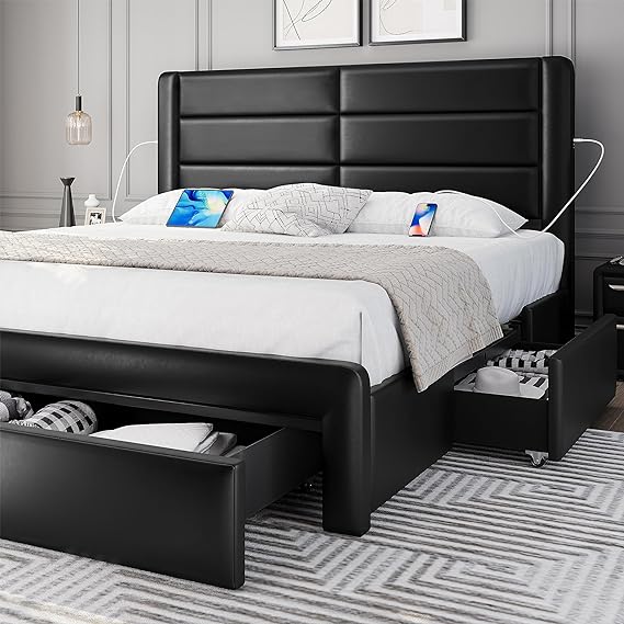 Yaheetech King Size Bed Frame with 2 USB Charging Station/Port for Type A&Type C/4 Storage Drawers, Leather Upholstered Platform Bed with Headboard/Solid Wood Slat Support/No Box Spring Needed/Black