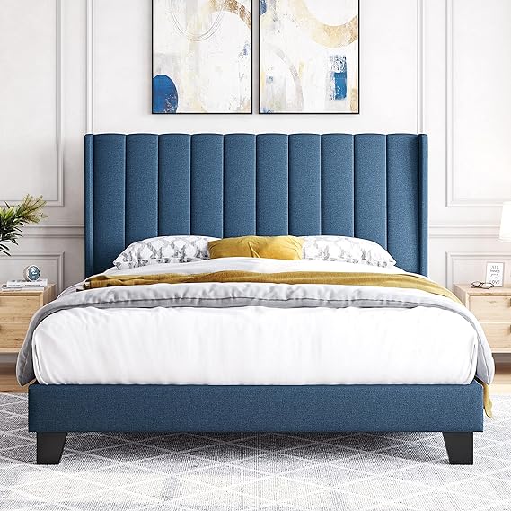 Yaheetech Upholstered Platform Bed with Wing Edge Channel Tufted Headboard Mattress Foundation/Heavy Duty Wooden Slat Support/No Box Spring Needed, Easy Assembly, Navy Blue, Queen Size