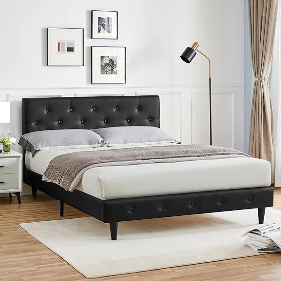 Yaheetech Queen Size Platform Bed Frame, Classic Faux Leather Upholstered Bed Frame with Button Tufted Headboard, Wooden Slats Support/Mattress Foundation/No Box Spring Needed/Easy Assembly/Black