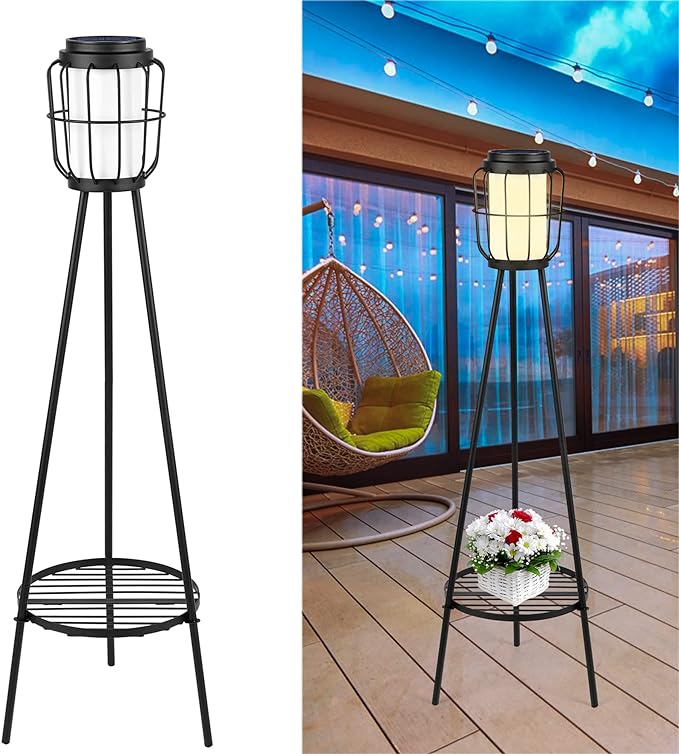 36 Metal Solar Floor Lamp with Plant Stand, Solar Lantern Outdoor Waterproof for Yard Deck Porch Patio Decor