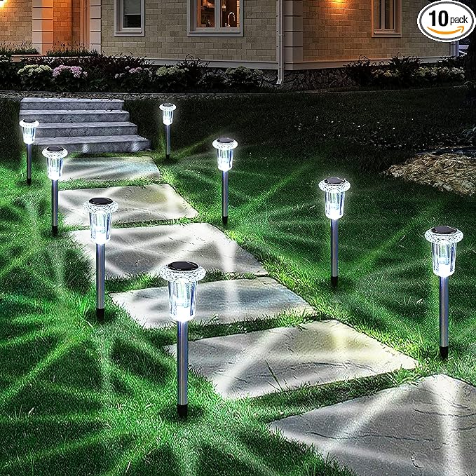 Eyrosa Solar Outdoor Lights, 10 Pack Waterproof Stainless Steel Solar Stake Lights for Pathway Garden Yard Path Walkway Driveway Lawn Decor - Cool White