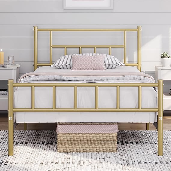 Yaheetech 13 inch Twin XL Size Metal Bed Frame with Headboard and Footboard Platform Bed Frame with Storage No Box Spring Needed Mattress Foundation Antique Gold