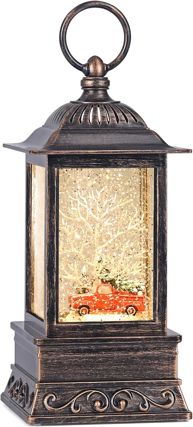 Christmas Snow Globe, Glitter Lighted Christmas Lantern with Music, Red Truck Mucical Chriatmas Decoration for Home Decor and Gift