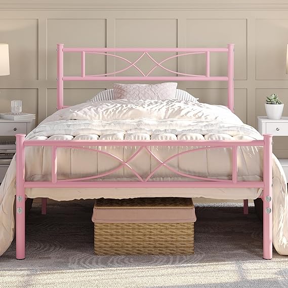 This is a great bed frame. Its high up lots of space under the bed. It looks really pretty. My husband and I put it together in a few hours, very easy. Its light but strong and sturdy. We got the queen size, together our weight is maybe around 350lbs and its holding up nicely. I move a lot in my sleep and my husband is a light sleeper and no creeks. The head board isnt as high up as it seems in the picture but its fine. Its worth the buy.