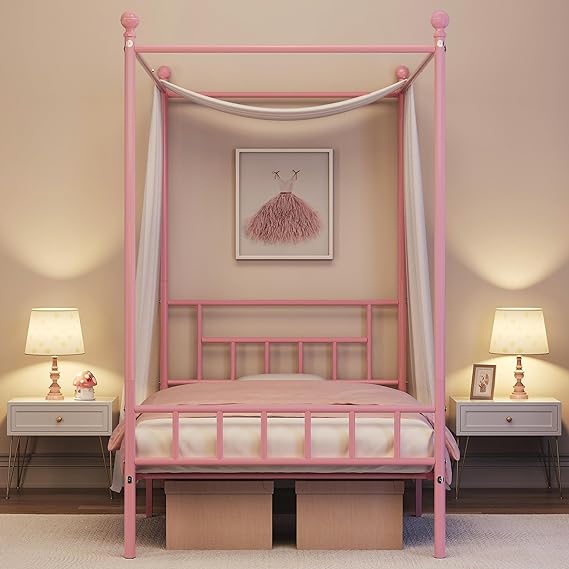 Yaheetech Twin Metal Canopy Bed Frame, Pink, 77.5