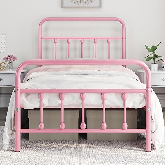 Yaheetech Classic Metal Platform Bed Frame Mattress Foundation with Victorian Style Iron-Art Headboard/Footboard/Under Bed Storage/No Box Spring Needed/Twin Size Pink