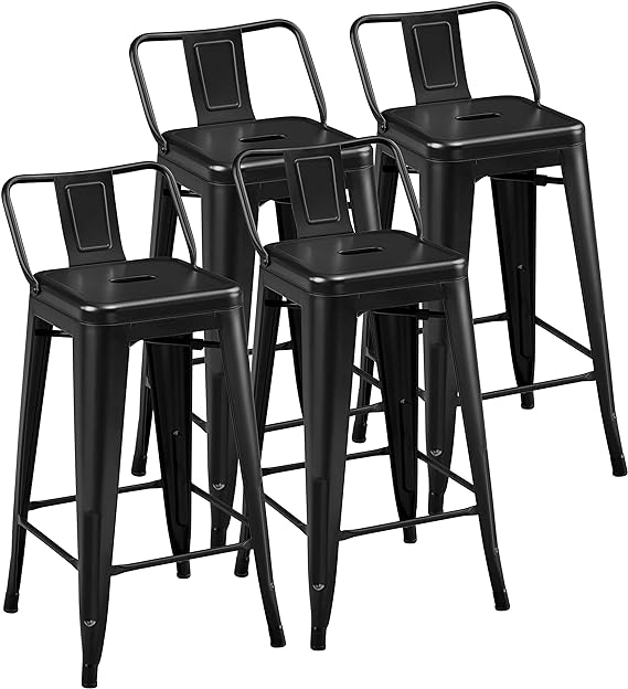 Yaheetech 26 inch Metal Bar Stools Set of 4 Counter Height Barstools with Low Back Indoor Outdoor Kitchen Stools Modern Industrial Bar Chairs Matte Black