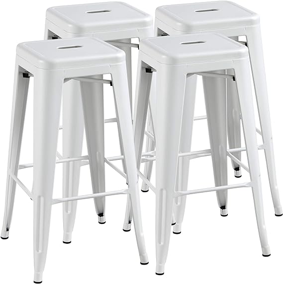 Yaheetech 30inch Barstools Counter Height Metal Bar Stools, Indoor Stackable Bartool Industrial for Bistro/Café/Kitchen Set of 4, White