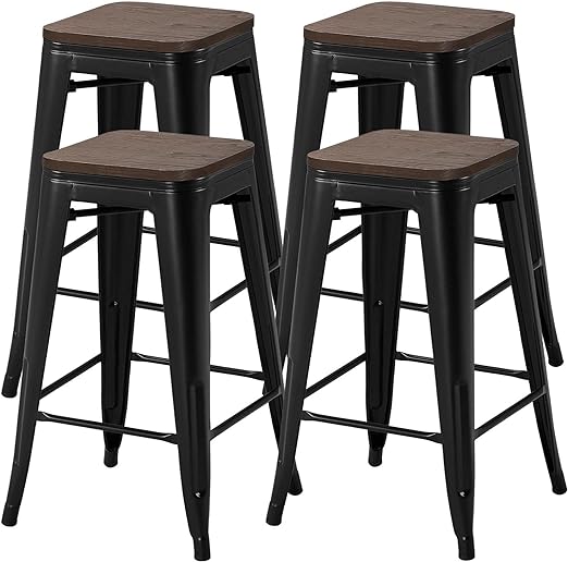 Yaheetech Metal Bar Stools 26 inch Stackable Barstools Wooden Seat Bar Chairs Count Height Barstool with Wood Seat for Bistro/Patio/Cafe/Restaurant/Dining Room/Kitchen Set of 4 Black