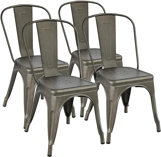 Yaheetech Iron Metal Dining Chairs Stackable Side Chairs Bar Chairs with Back Indoor-Outdoor Classic/Chic/Industrial/Vintage Bistro Café Trattoria Kitchen Gun Metal, Set of 4