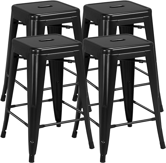 Yaheetech 24 inch barstools Set of 4 Counter Height Metal Bar Stools, Indoor/Outdoor Stackable Bartool Industrial High Backless Stools Black