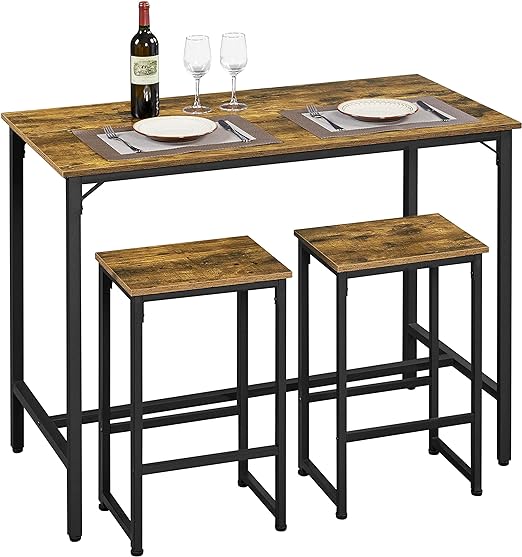 Yaheetech 3 Piece Bar Table Set, 47.5 in Industrial Dining Table Set, Counter Height Table with Bar Stools Set of 2, Kitchen Breakfast Table and Chairs for Dining Room, Living Room, Rustic Brown