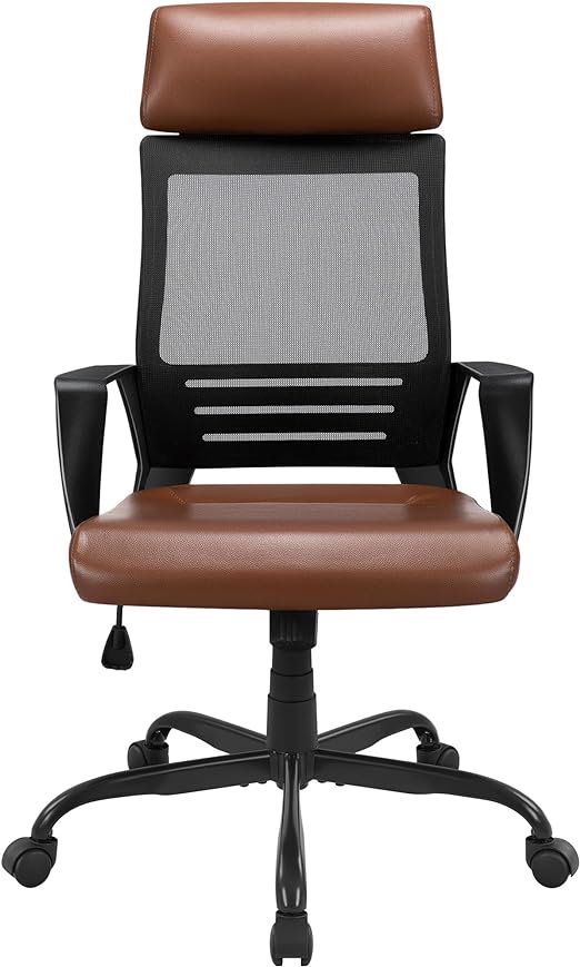 Yaheetech Ergonomic Office Chair, High Back Leather/Mesh Executive Desk Chair with Headrest and Lumbar Support, Swivel Chairs on Wheels/Castors for Home Office, Brown