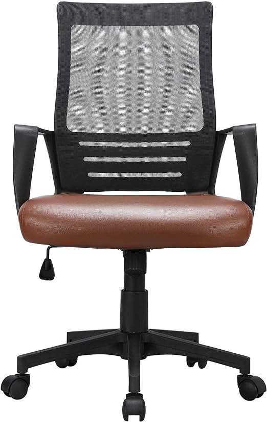 Yaheetech Mid Back Mesh Chair w/Leather Seat Executive Office Chair Computer Task Chair with Armrests Ergonomic Desk Chair with Lumbar Support, Brown