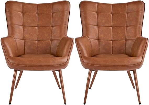 Yaheetech Accent Chair, PU Leather Vintage Armchairs, Mid Century High Back Sofa Chairs, Desk Chair with Arms Solid Wood Legs for Home Office/Living Room/Bedroom Brown, Set of 2