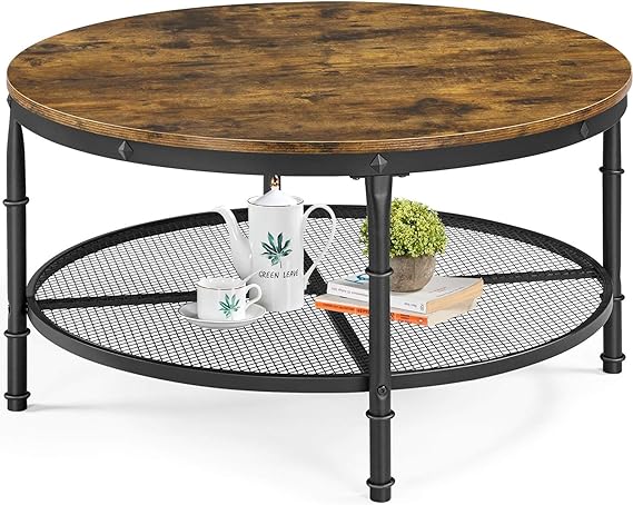 Yaheetech 35.5 Inch Round Coffee Table，Wooden 2 Tier Circle Coffee Table for Living Room, Industrial Coffee Table Set for Small Space, Rustic Brown