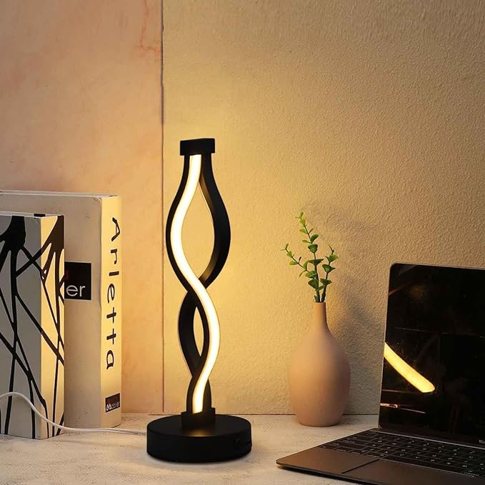 ELINKUME Spiral LED Table Lamp, Modern Minimalist Waves Dimmable Desk Lamp12W Warm White Bedside Lamp with Iron BaseCreative Curved LED Night Lamps for Living Room,Bedroom,Office,StudyBlack