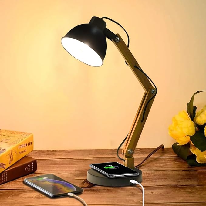 ELINKUME LED Desk Working Lamp with Charging(Wireless/USB-A/Typ-C),Wood Swing Arm Table Bedside Lamp, Black Metal Lampshade,Vintage Reading Light for Office,Study,Bedroom,Living Room(Excluding Bulb)