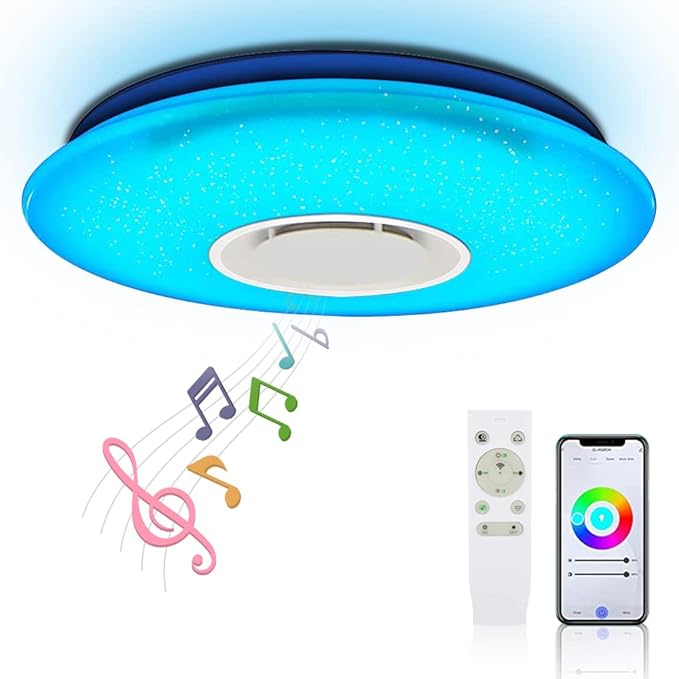 LED Starlight Music Ceiling Light with Bluetooth Speaker - MUMENG 36W Brightness Dimmable and Color Changing via Cellphone and Remote Control Ceiling Lamp for Living Room, Bedroom
