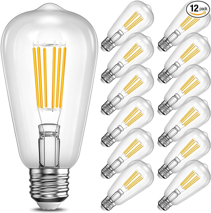 Eastiya 12 Pack Dimmable Edison LED Light Bulbs Equivalent 60W, Warm White 2700K, 600LM, 85 CRI, ST64 Vintage Clear Glass Filament Light Bulbs, E26 Medium Base